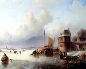 A Winter Landscape With Numerous Skaters On A Frozen Waterway - 扬·雅各布·柯恩拉德·施普勒